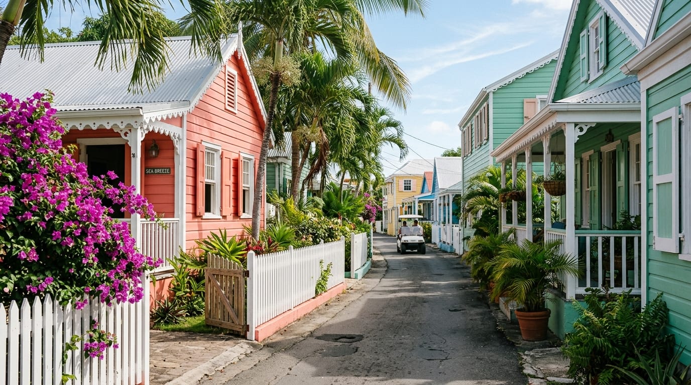 Pastel-painted colonial cottages with white picket fences lining a narrow street in Dunmore Town, Harbour Island