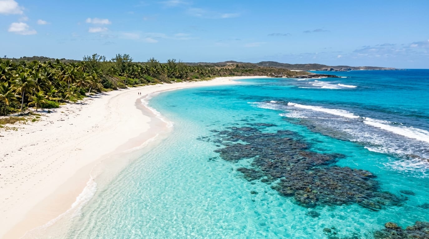 Three-mile Atlantic beach with offshore reef visible in clear turquoise water at East Beach San Salvador
