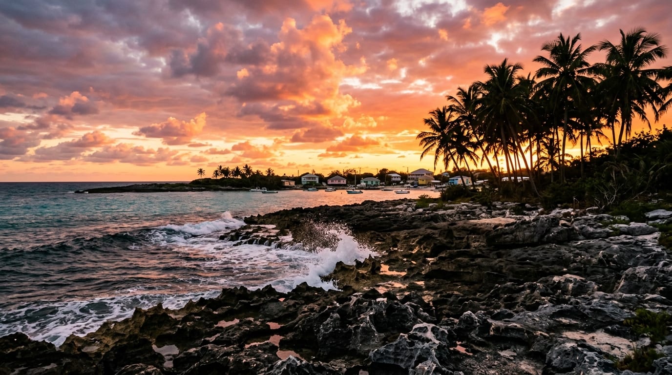 Sunset over Eight Mile Rock coastline with ironshore rock formations and palm trees silhouetted against orange sky