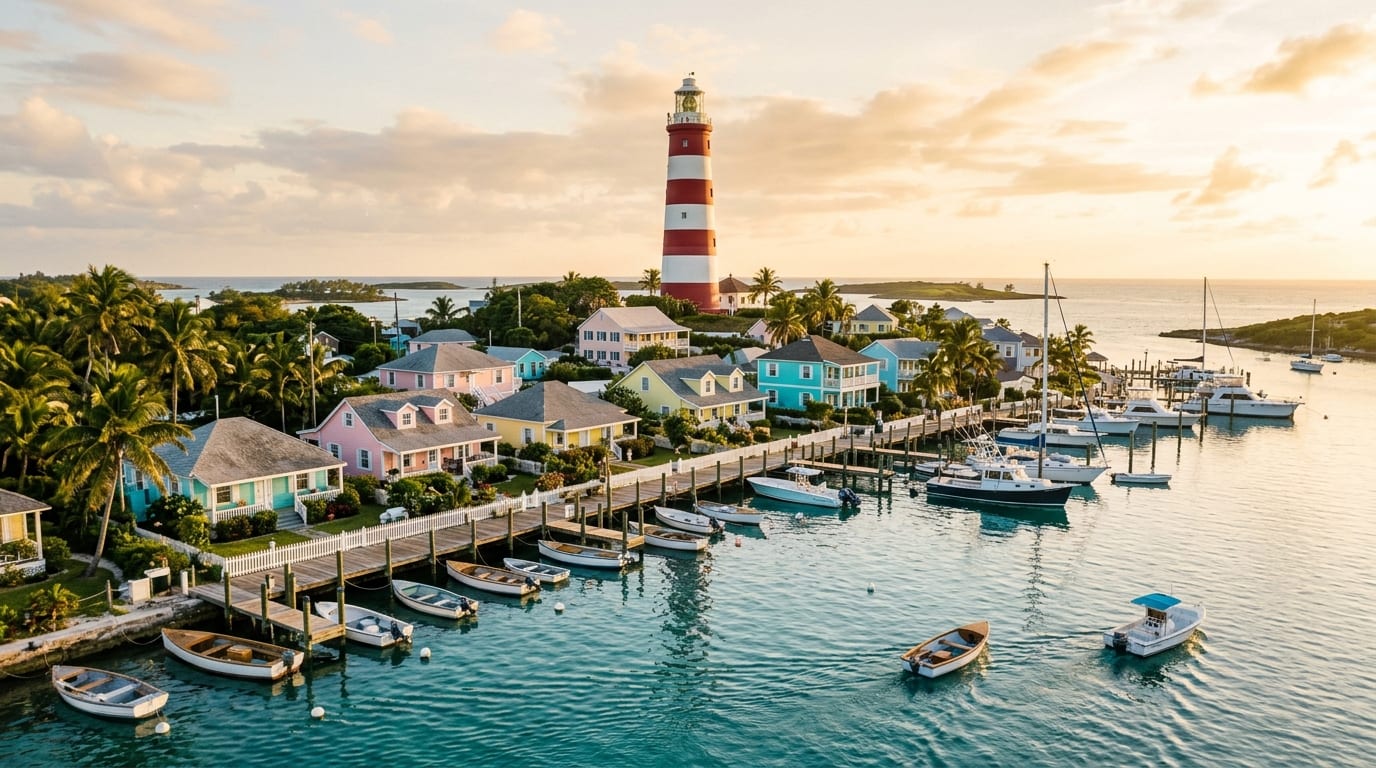 The candy-striped Elbow Reef Lighthouse rising above Hope Town Harbour with pastel cottages and turquoise water in the foreground