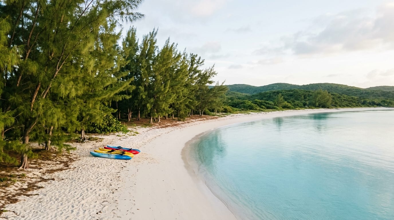 Calm turquoise water and white sand beach lined with casuarina trees at Fernandez Bay Cat Island Bahamas