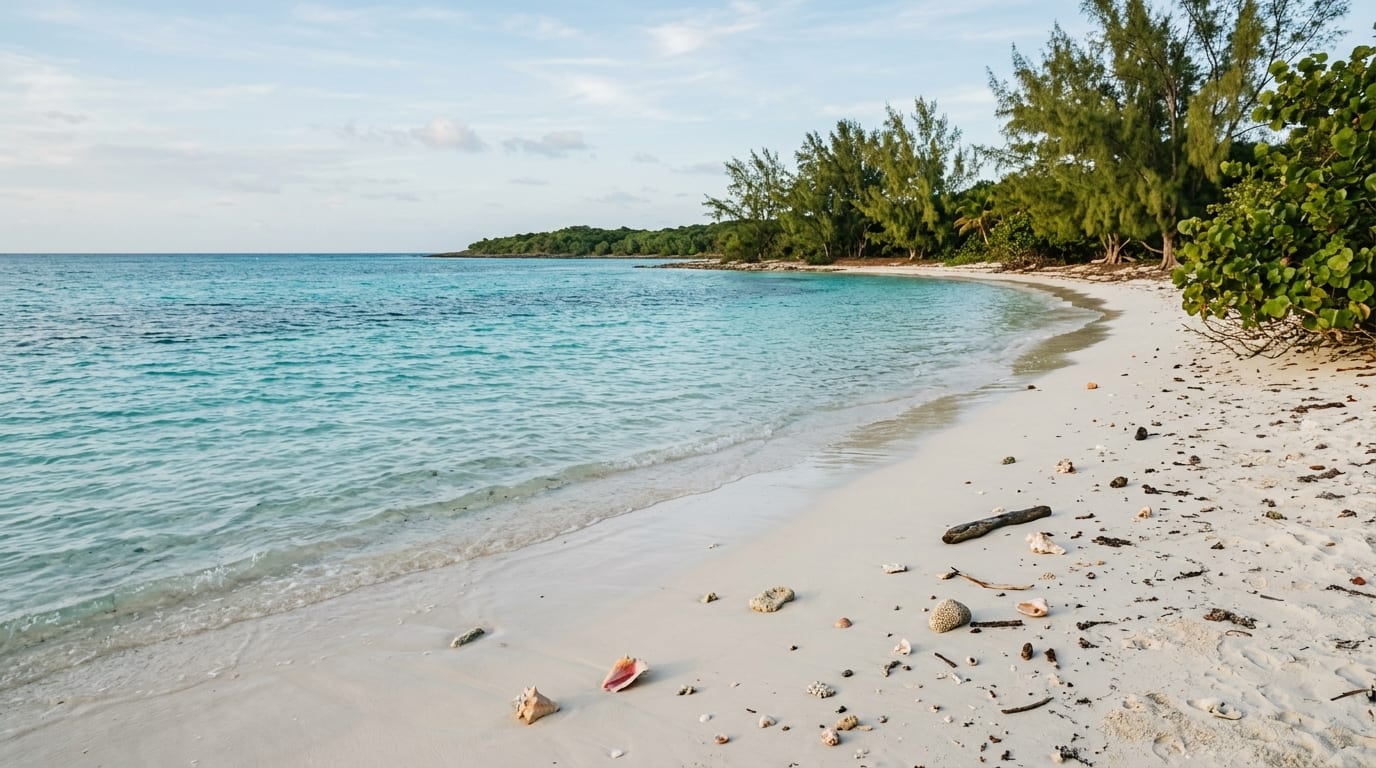 Secluded stretch of white sand at Fortune Beach, Grand Bahama, with shallow turquoise water, seashells on the shore, and casuarina pines in the background