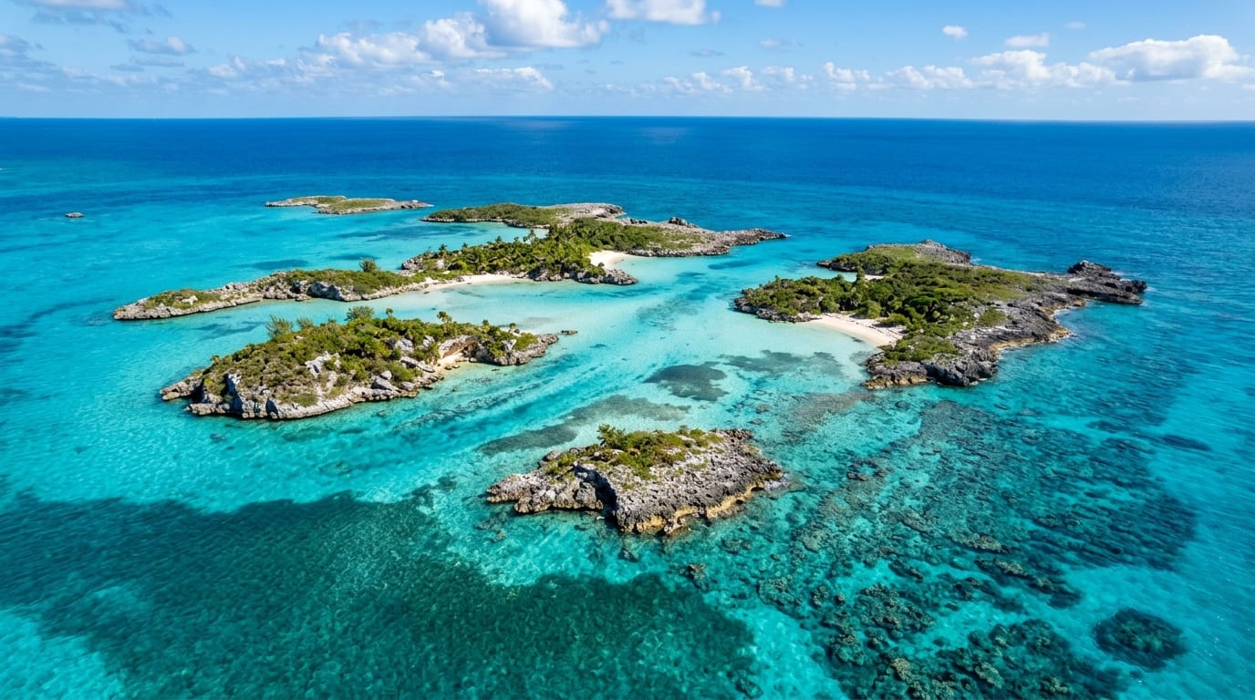 Aerial view of Fowl Cays National Park showing turquoise waters, scattered limestone cays, and visible coral reef patches in the Sea of Abaco