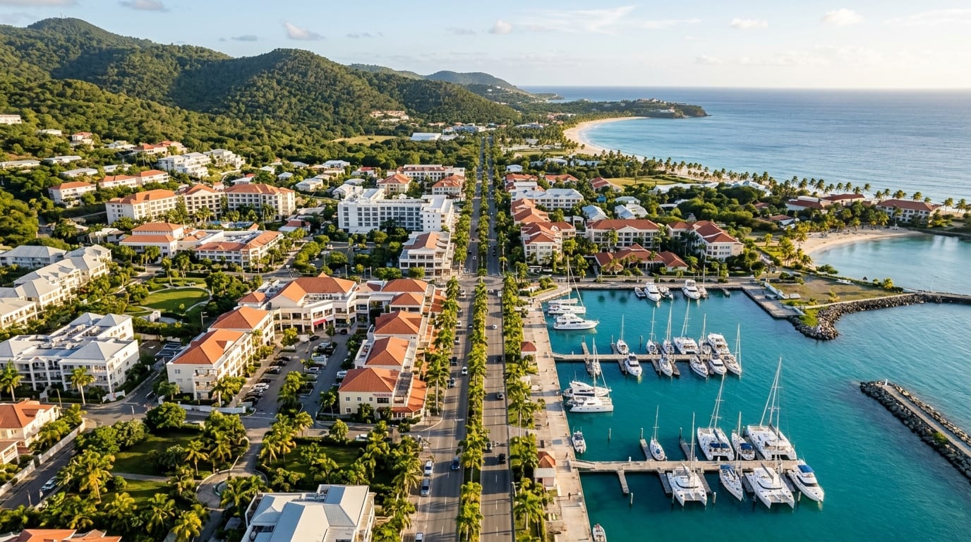 Aerial view of Freeport, Grand Bahama showing palm-lined streets, turquoise harbour waters, and resort buildings under a bright Caribbean sky