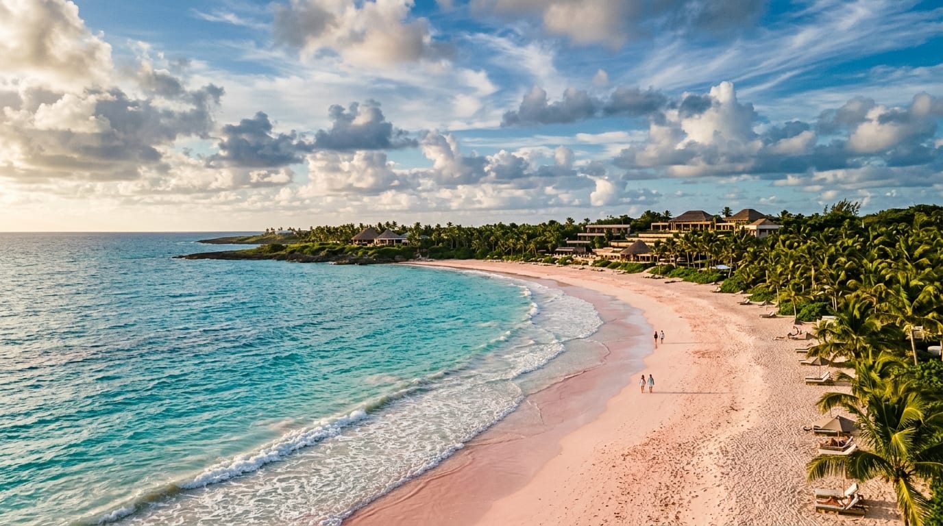 Sweeping arc of pink sand at French Leave Beach with turquoise Atlantic water and the modern French Leave Resort visible in the distance