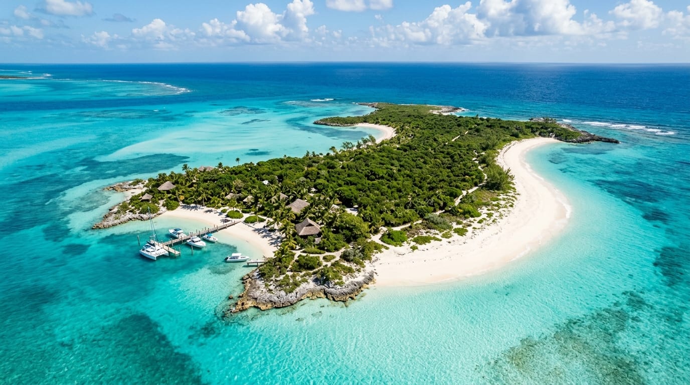 Aerial view of Frozen Cay private island in the Berry Islands showing white beaches and turquoise water
