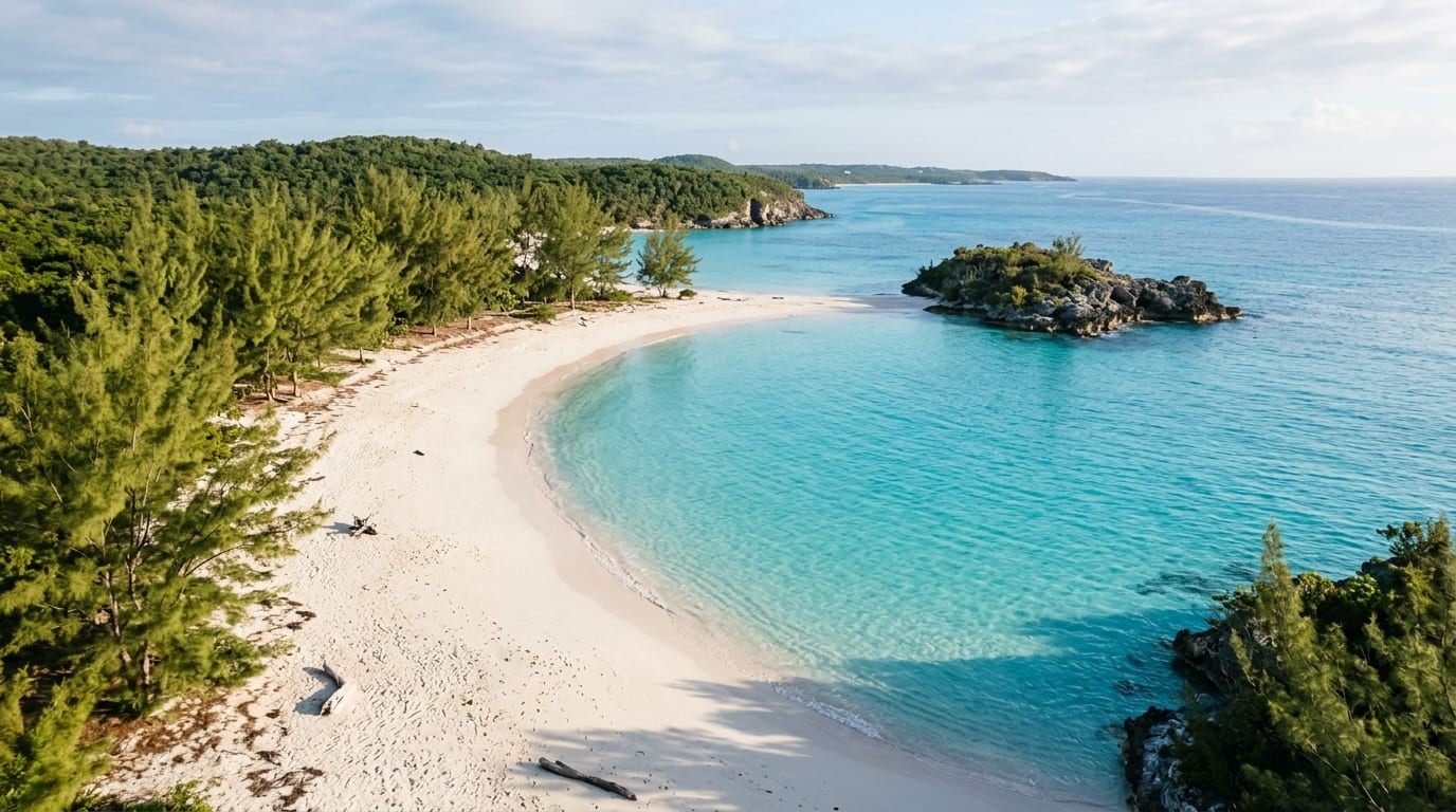 Turquoise shallows at Gaulding Cay Beach with a small rocky islet offshore and casuarina trees lining the white sand shore