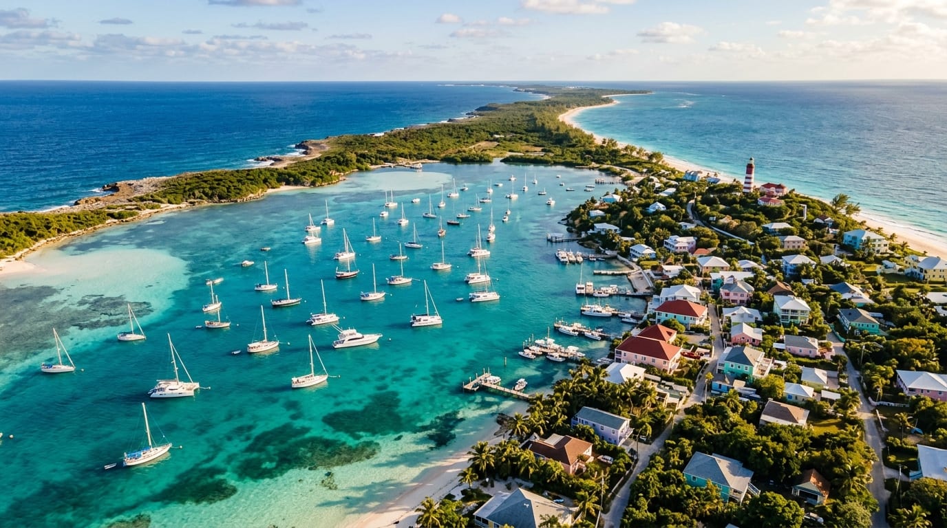 Aerial view of Elizabeth Harbour with dozens of sailboats anchored in turquoise water, George Town visible on the shore with Stocking Island beyond