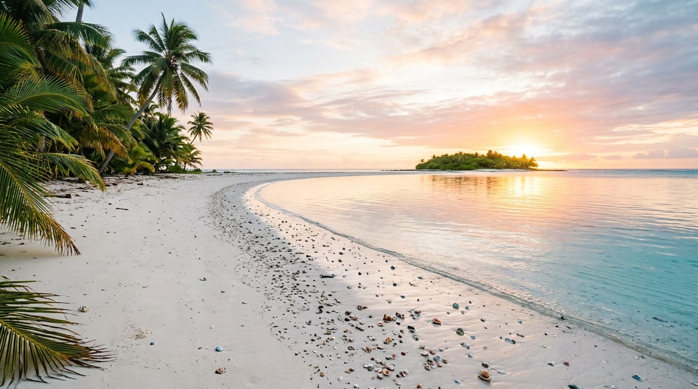 Gillam Bay Beach at sunrise on Green Turtle Cay with Pelican Cay visible on the horizon and white sand stretching into turquoise shallows