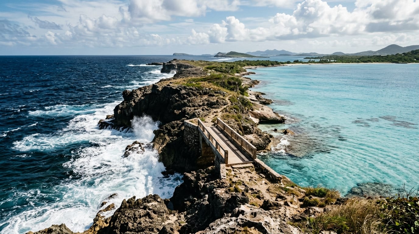 The Glass Window Bridge on Eleuthera with dark Atlantic waves on one side and calm turquoise Caribbean on the other