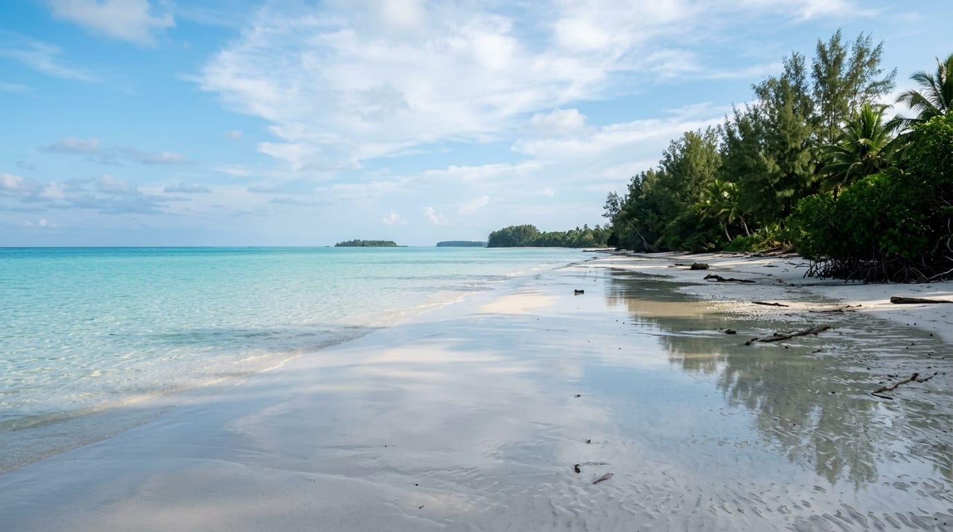 Expansive white sand flats at Gold Rock Beach during low tide, with shallow turquoise water stretching toward the horizon under a blue Caribbean sky