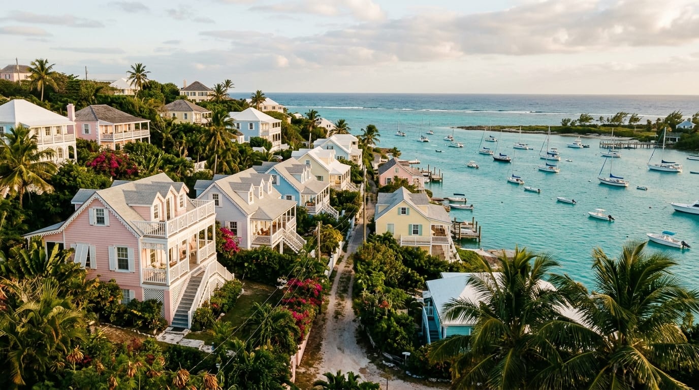 Victorian clapboard houses with verandas overlooking the harbour at Governor's Harbour, Eleuthera, under soft afternoon light
