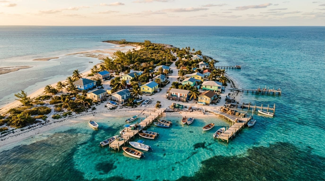 Aerial view of Grand Cay settlement in the Northern Abacos showing the small harbor, colorful waterfront buildings, and turquoise shallows surrounding the cay