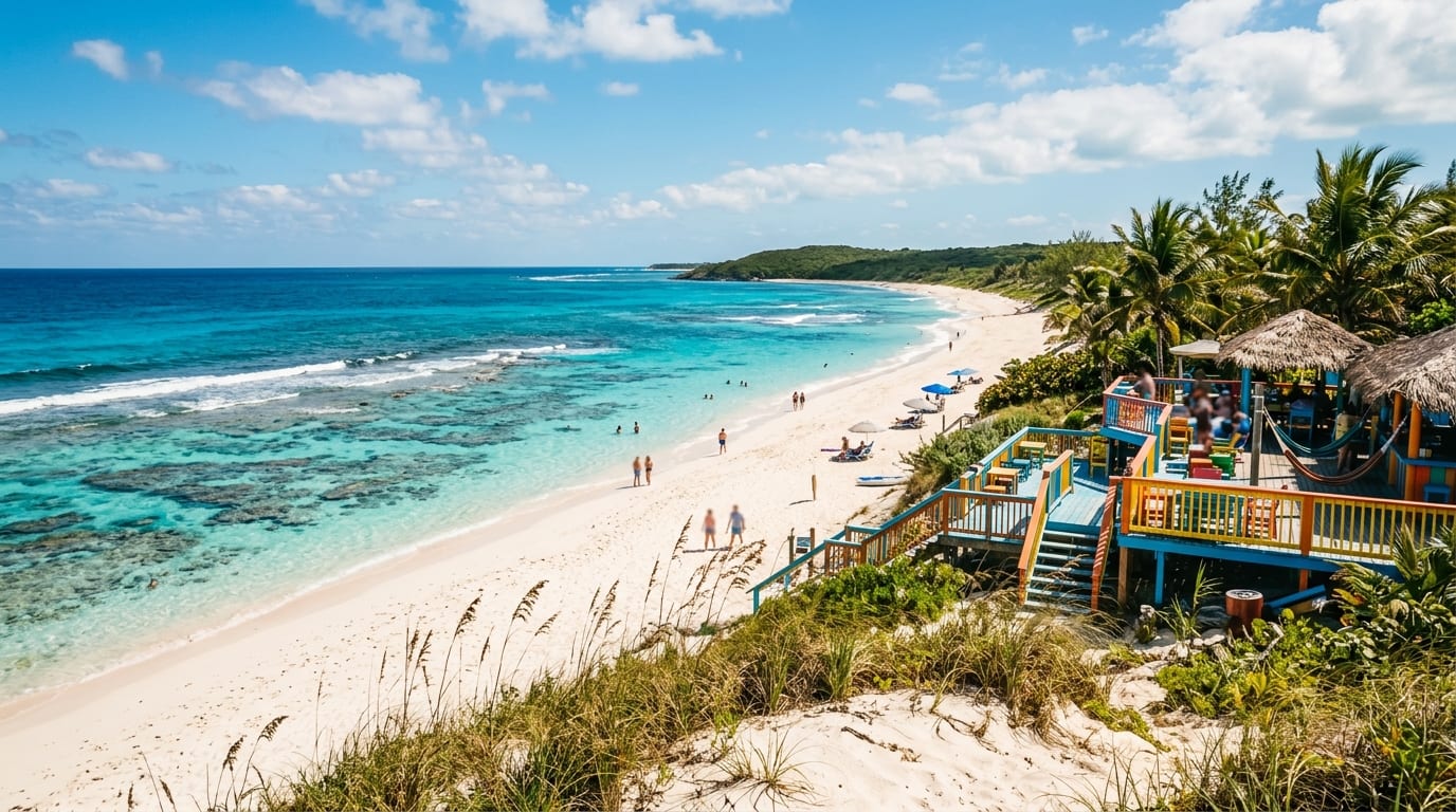 Colourful hilltop beach bar decks above a long ocean beach and turquoise barrier reef on Great Guana Cay, Abaco