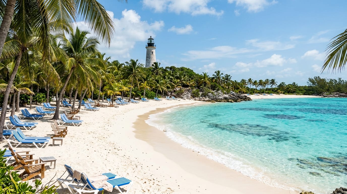 White sand beach at Great Stirrup Cay in the Berry Islands with palm trees and historic lighthouse visible