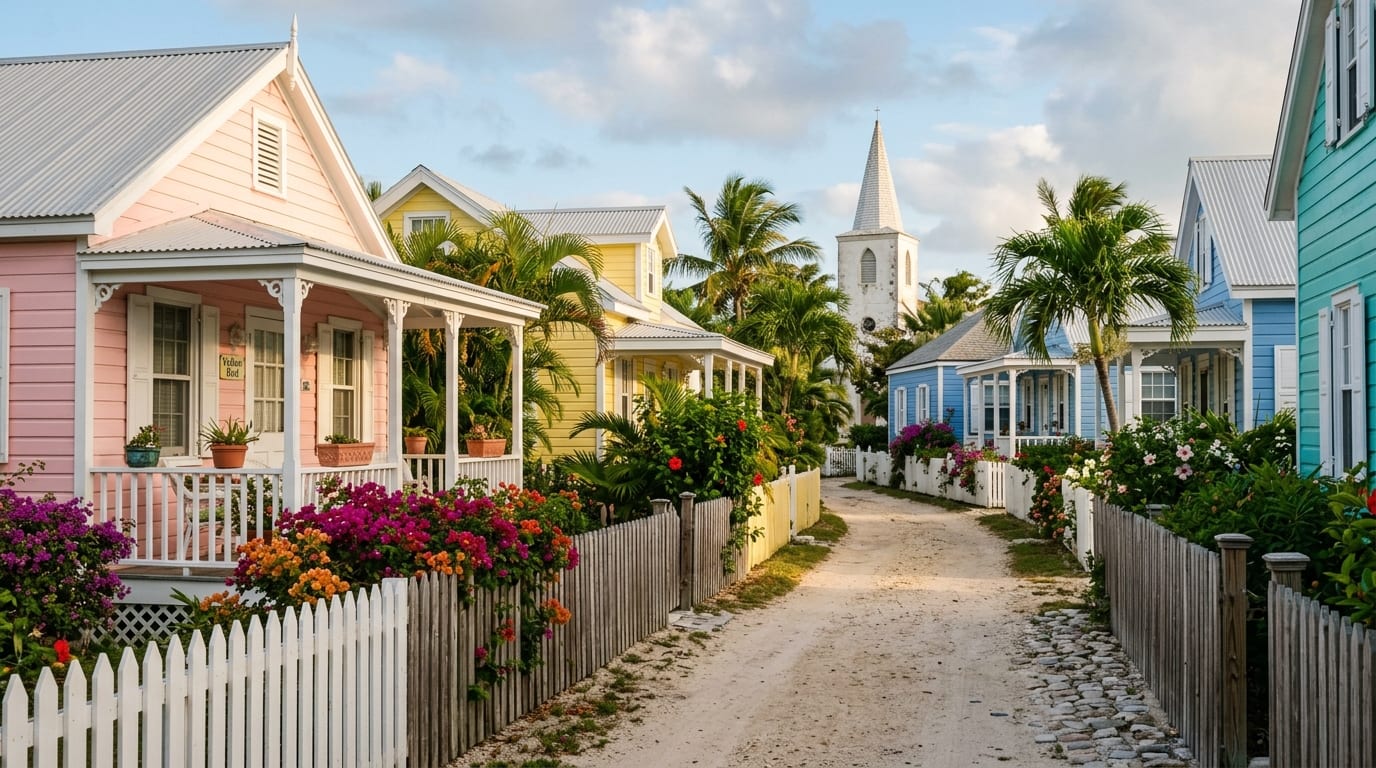 Pastel-coloured Loyalist clapboard houses and a quiet lane in historic New Plymouth, Green Turtle Cay, Abaco