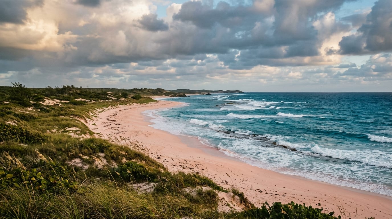 Eight-mile stretch of pink sand beach facing Atlantic Ocean at Greenwood Beach Cat Island Bahamas