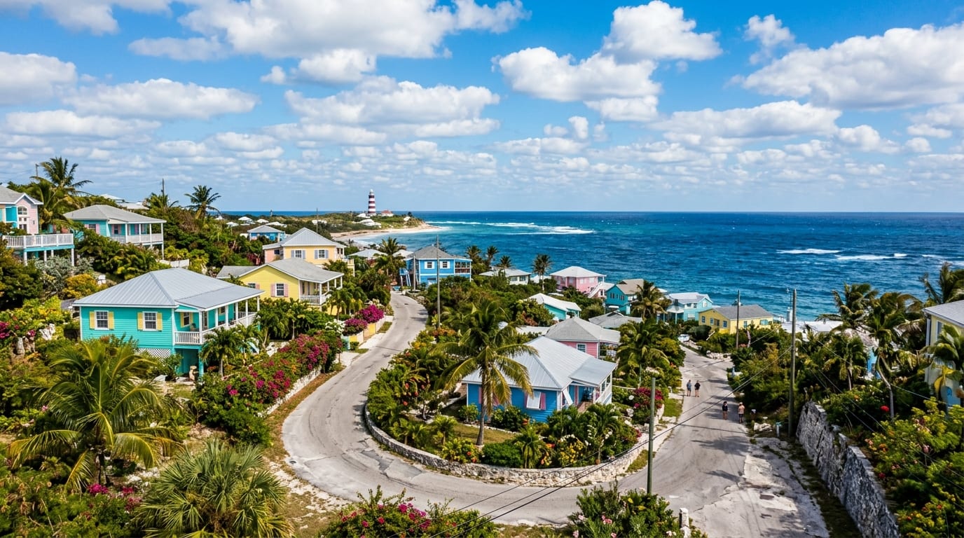 Hillside view of Gregory Town, Eleuthera, with colourful houses and the Atlantic Ocean in the background