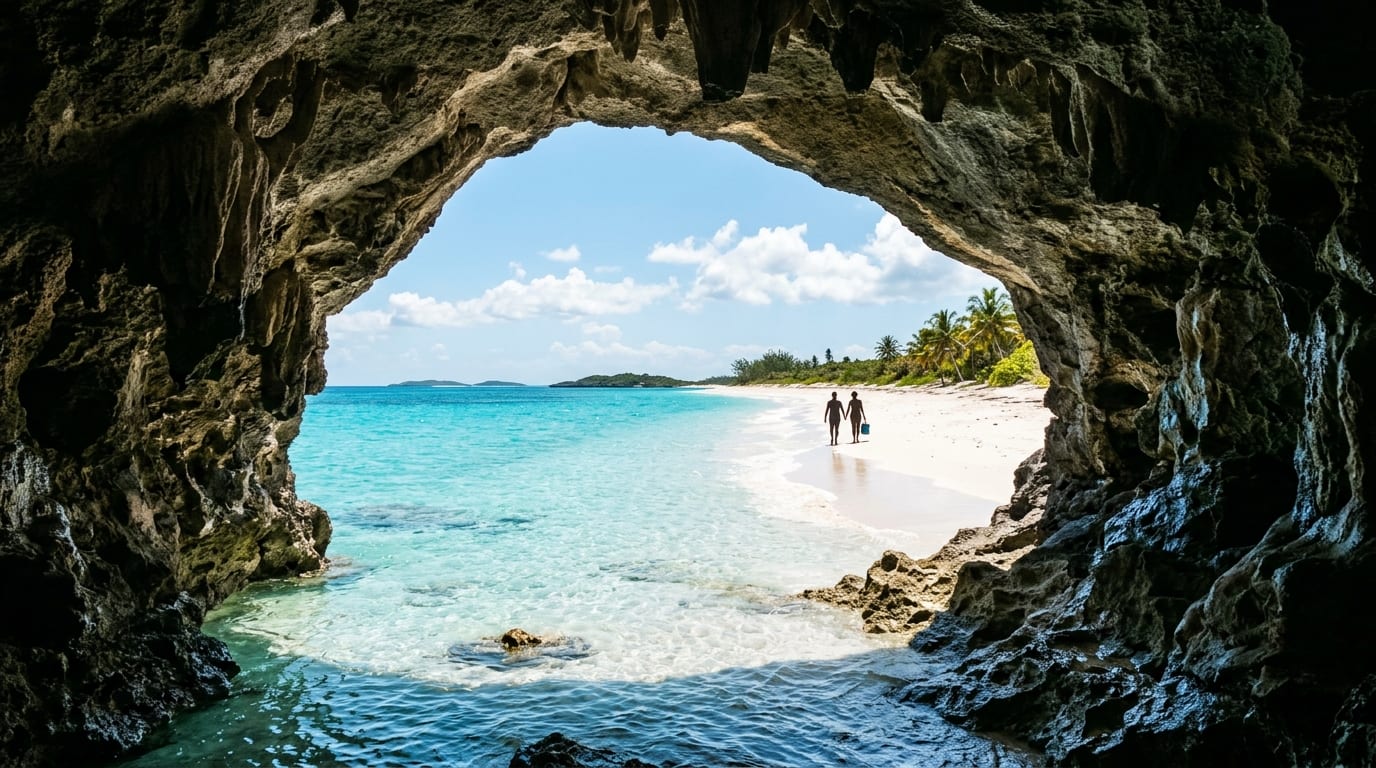 Wave-carved sea grotto opening onto white sand beach at Sandy Point San Salvador Bahamas