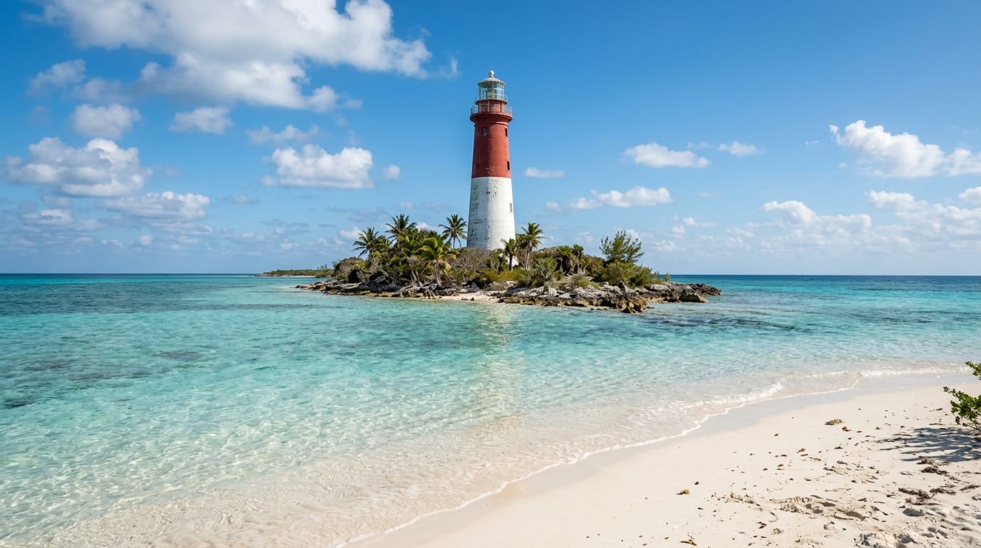 Historic Gun Cay Lighthouse with red and white painted tower rising above the small cay, viewed across turquoise waters from Honeymoon Harbour