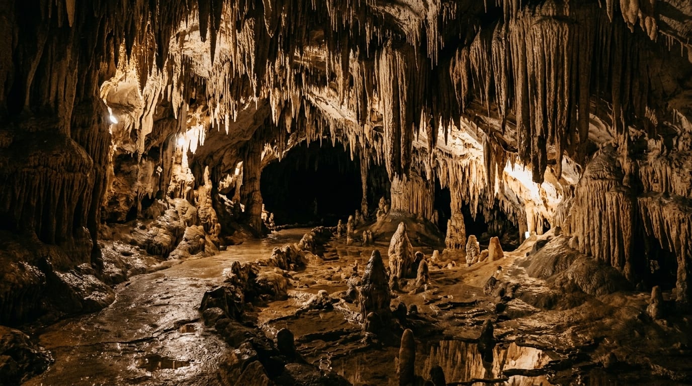 Massive stalactites hanging from ceiling of Hamilton's Cave on Long Island Bahamas illuminated by tour lighting