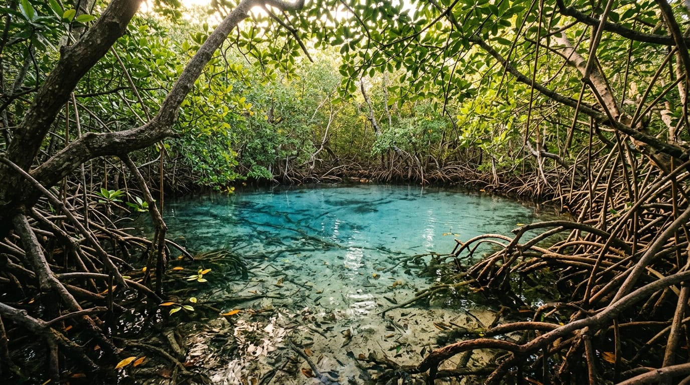 Crystal clear freshwater spring emerging through mangrove roots in East Bimini Bahamas known as the Healing Hole
