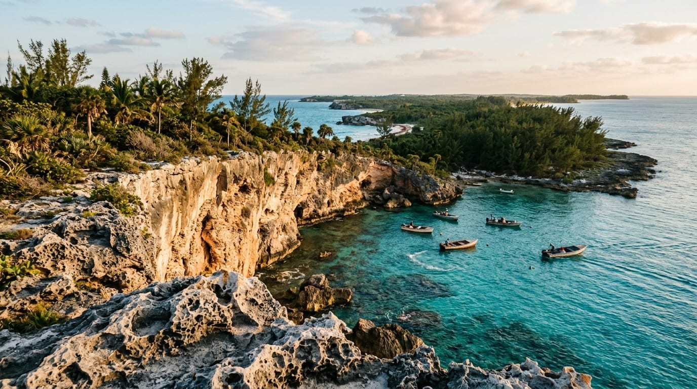 View from High Rock limestone bluff overlooking turquoise waters of Grand Bahama's eastern coast