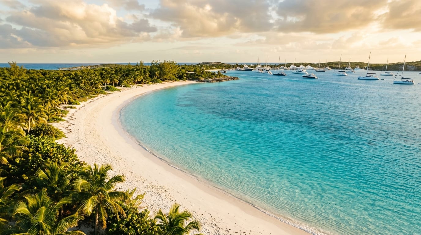 Pristine white sand beach at Highbourne Cay with turquoise water and tropical vegetation