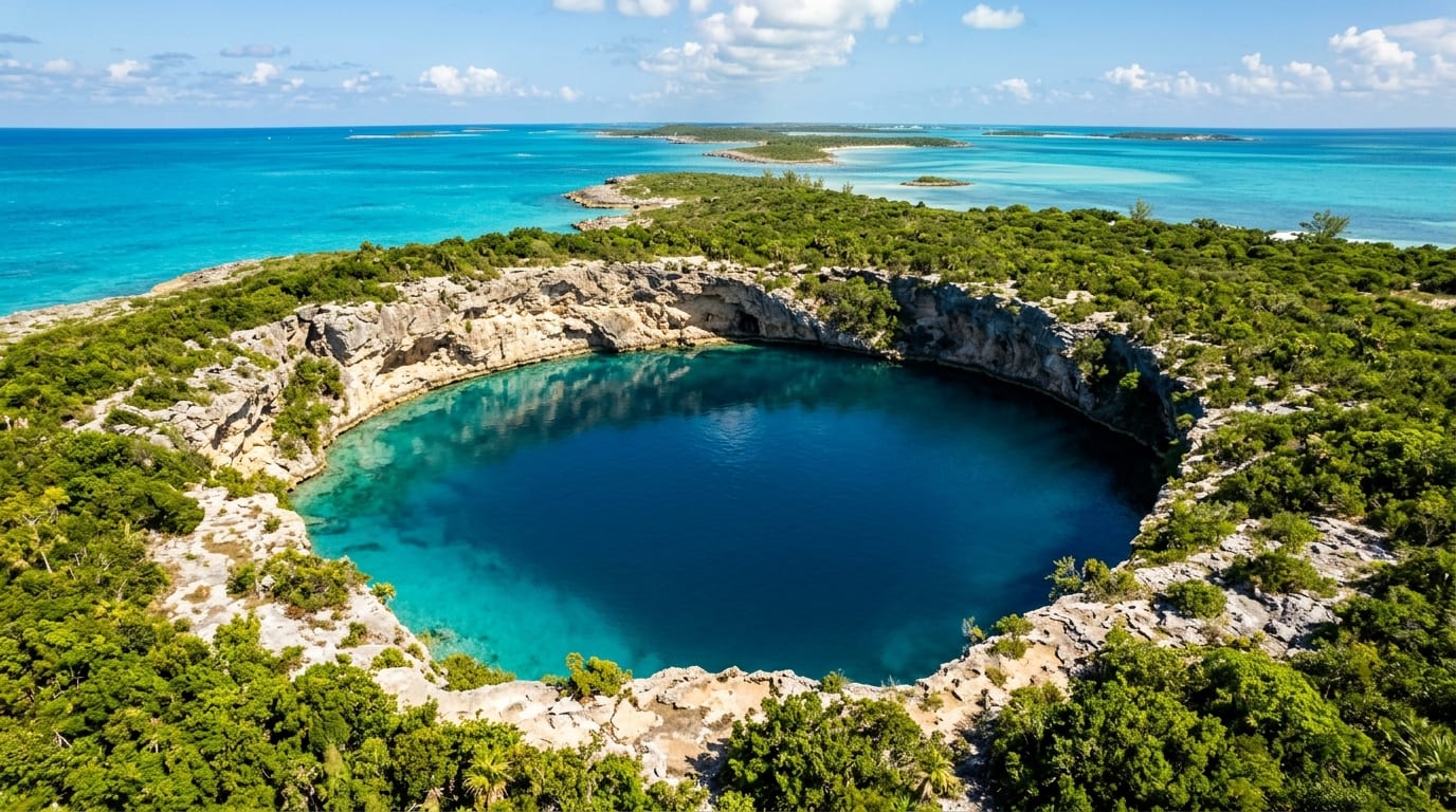 The famous blue hole at Hoffman's Cay in the Berry Islands Bahamas surrounded by limestone cliffs and tropical vegetation