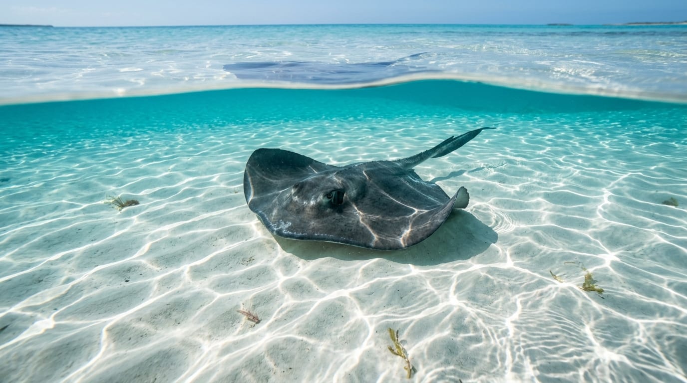 Southern stingray gliding through crystal clear shallow water at Honeymoon Harbour with white sandy bottom and turquoise tones