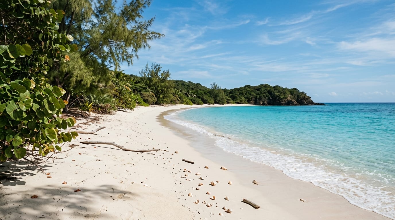 Tranquil beach scene at James Cistern, Eleuthera, with white sand, clear turquoise water, and coastal vegetation