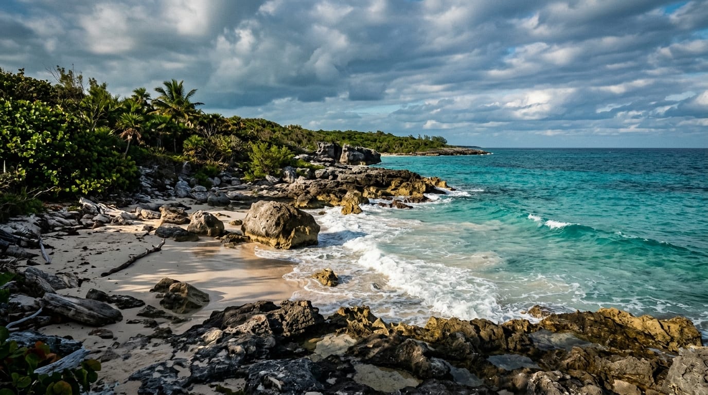 Rocky coastline of Jaws Beach with turquoise water, natural vegetation, and dramatic western New Providence scenery