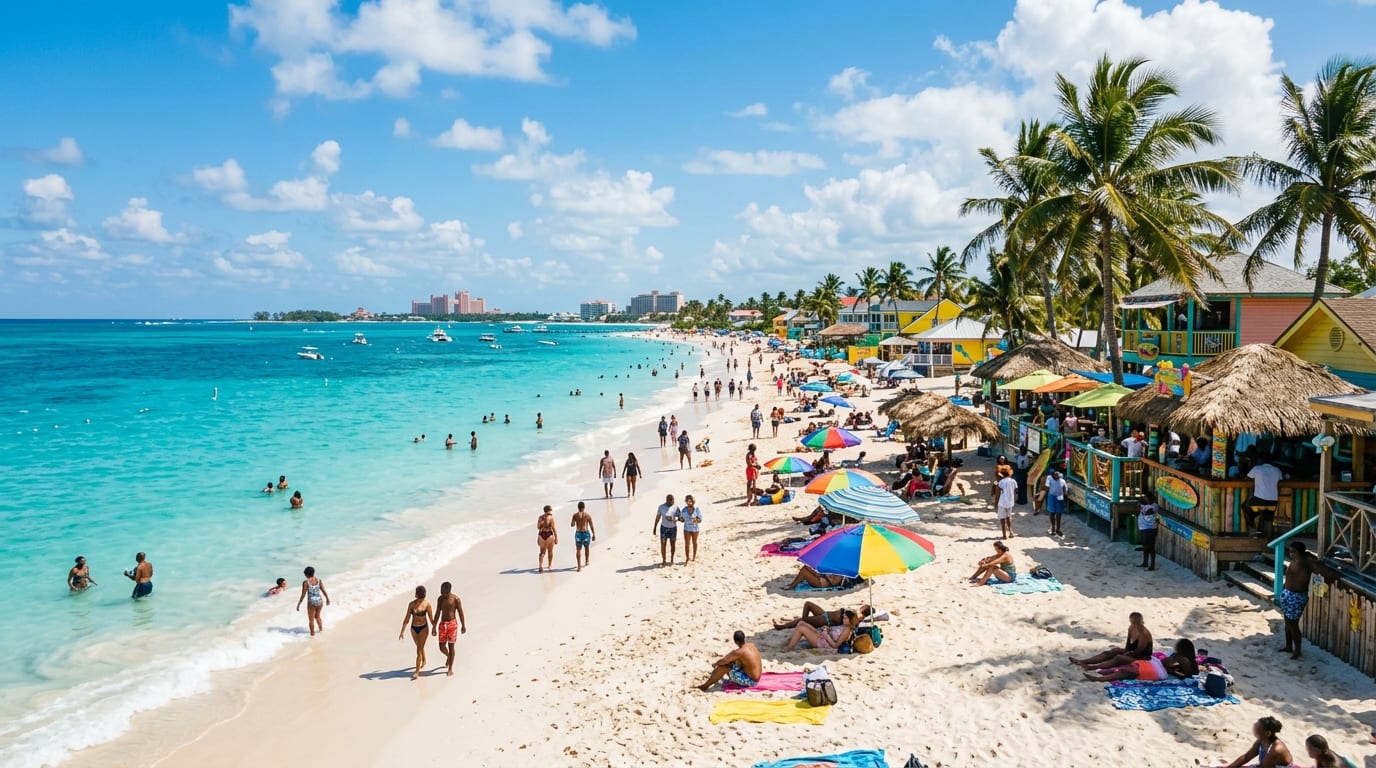 White sand beach with turquoise water and colourful tiki huts at Junkanoo Beach in downtown Nassau