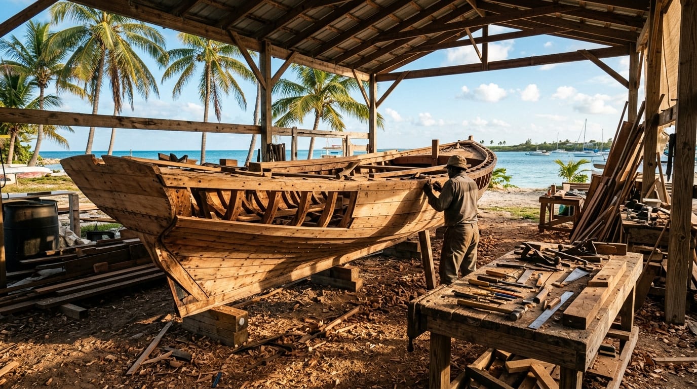 Traditional wooden fishing sloop under construction at the Kemps Bay boatyard with craftsman's tools visible