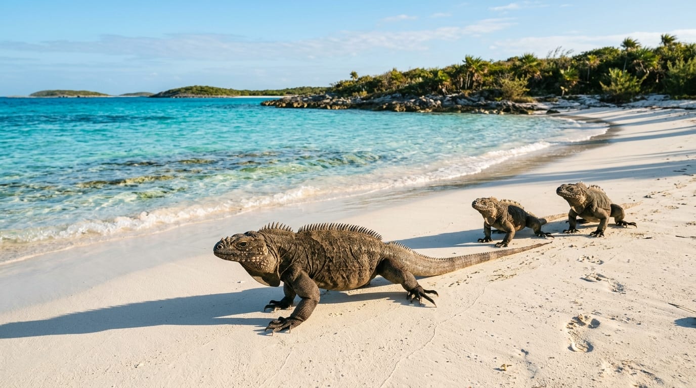 Bahamian rock iguanas walking on white sand beach with turquoise water at Leaf Cay Exuma