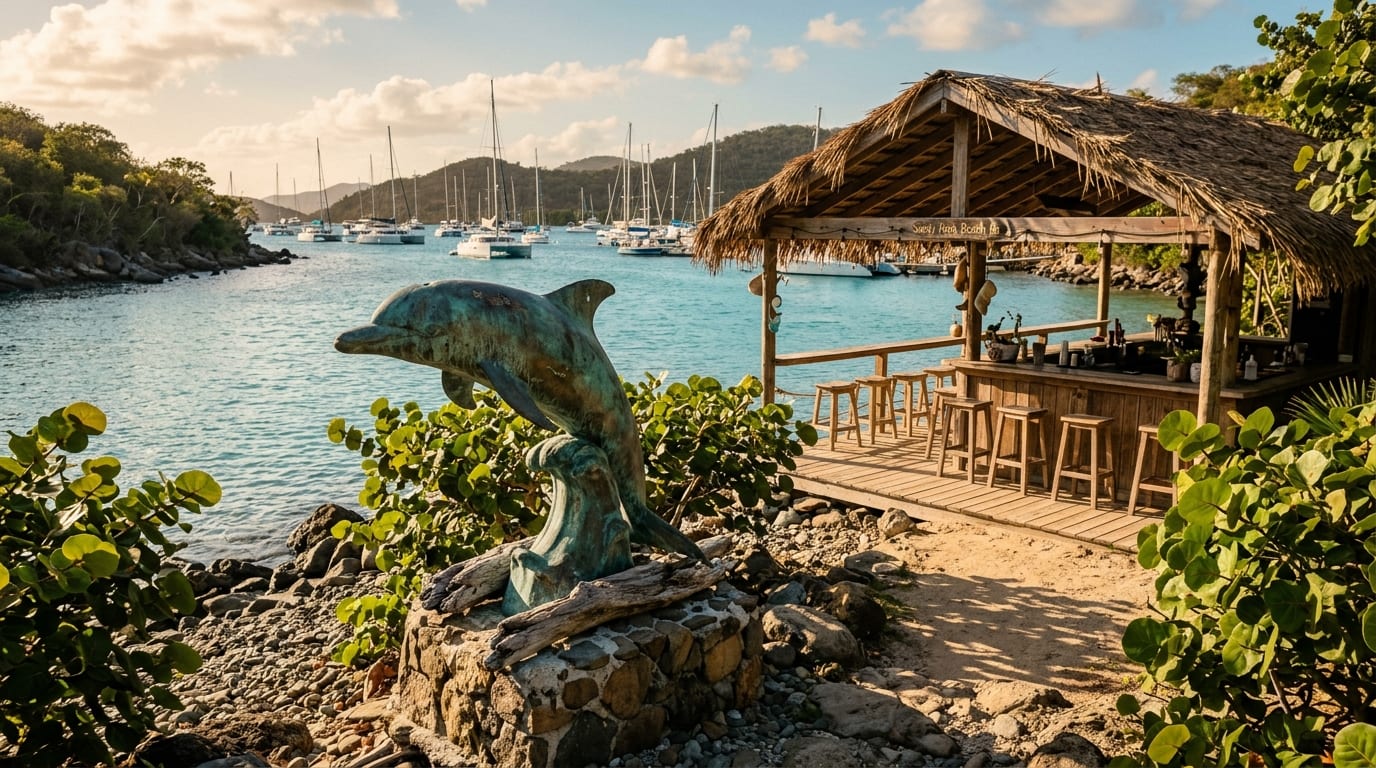 Bronze sculpture of a leaping fish in front of Pete's Pub with the calm turquoise waters of Little Harbour and lush green shoreline in the background