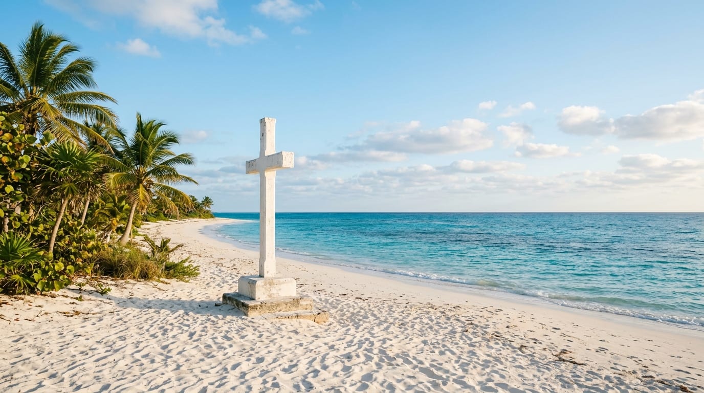 White cross monument on Long Bay beach San Salvador with turquoise Caribbean waters and blue sky