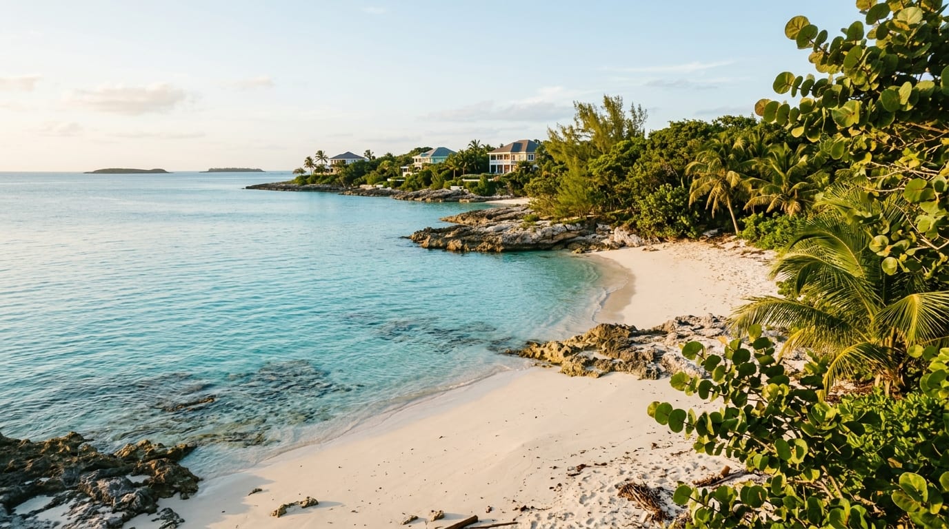 View of Love Beach showing calm turquoise waters, light sand beach, and tropical vegetation along the shoreline