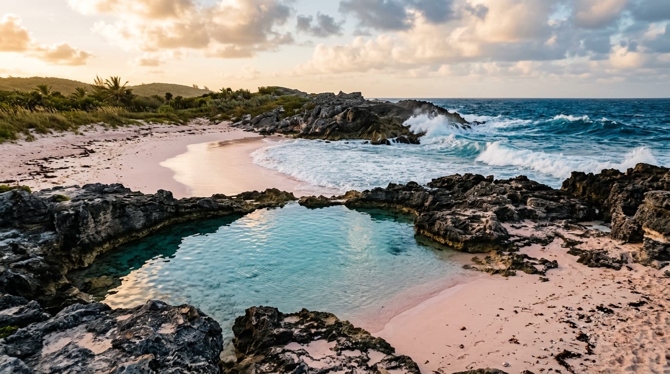 Pink-tinged sand cove with natural rock pool at Love Beaches Long Island Bahamas Atlantic coast