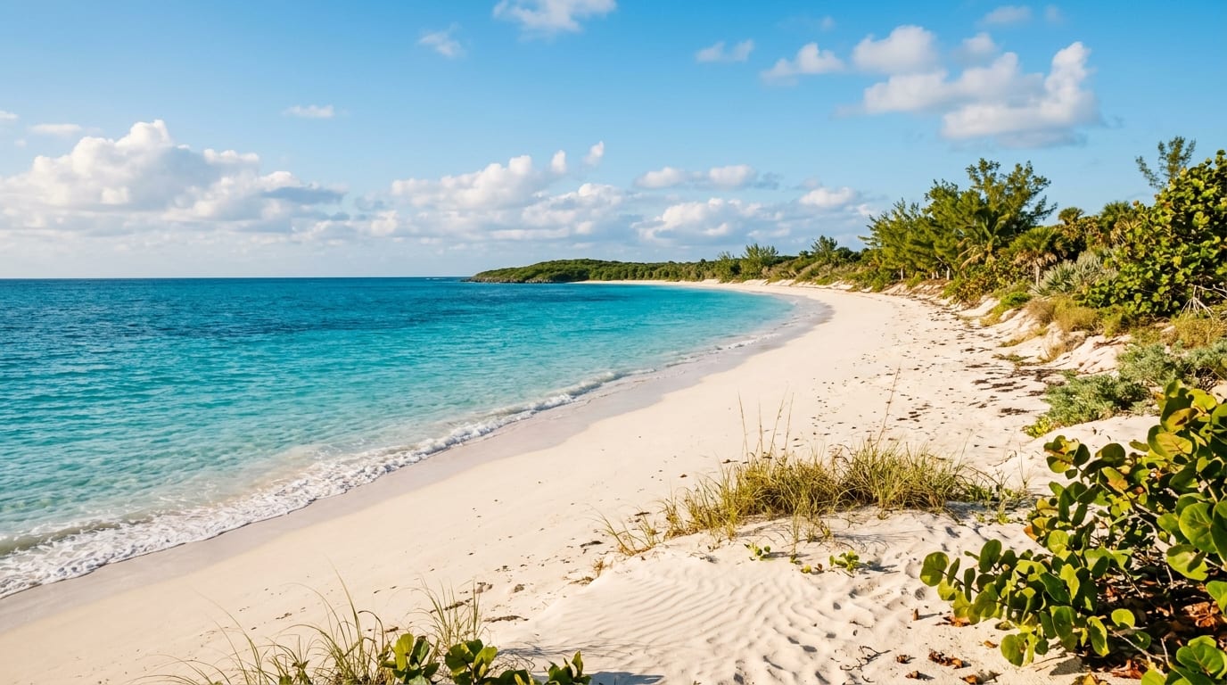 Pristine white sand beach at Love Hill stretching into the distance with turquoise Bahamian waters and scattered clouds