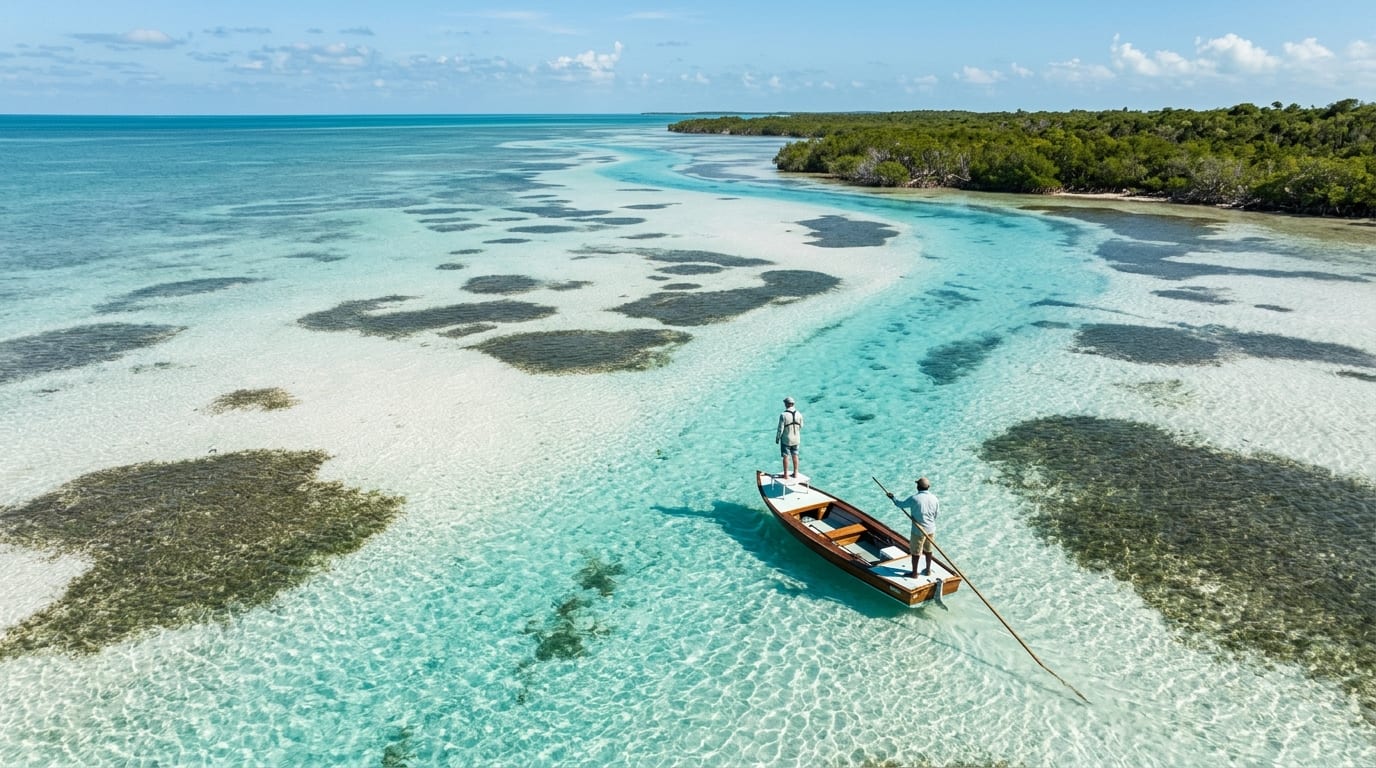 Aerial view of the pristine bonefishing flats near Lowe Sound with shallow turquoise water stretching toward the horizon