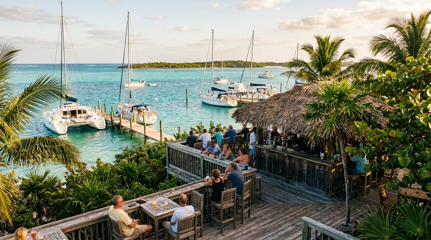 Elevated wooden deck and bar at Cracker P's overlooking the turquoise Sea of Abaco with boats tied at the dock below and Tilloo Cay visible in the distance