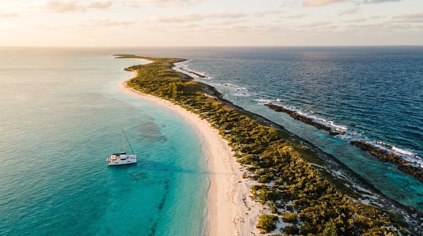 Aerial view of Lynyard Cay showing the narrow barrier island with white sand beaches on both the calm Sea of Abaco and Atlantic sides, turquoise shallow water, and a sailing catamaran anchored in the protected lee