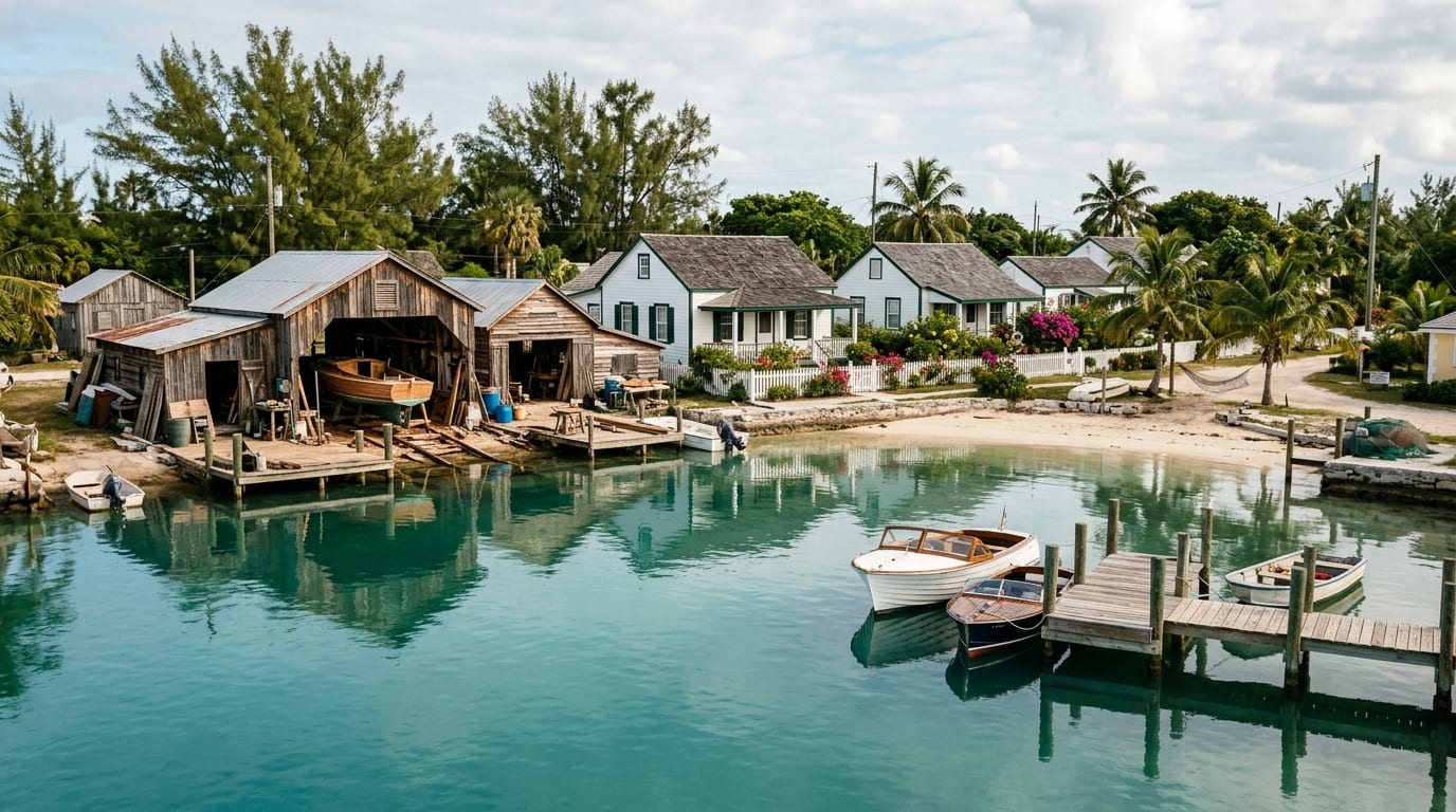 Sheltered harbour at Man-O-War Cay, Abaco, lined with boat sheds and traditional clapboard homes under a clear Bahamian sky