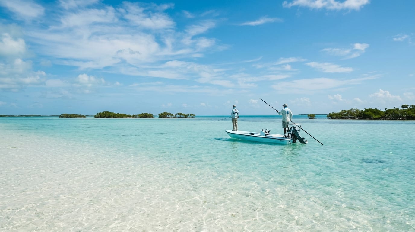 Fly angler wading on a pristine white sand bonefish flat in the bights of Andros with turquoise water stretching to the horizon