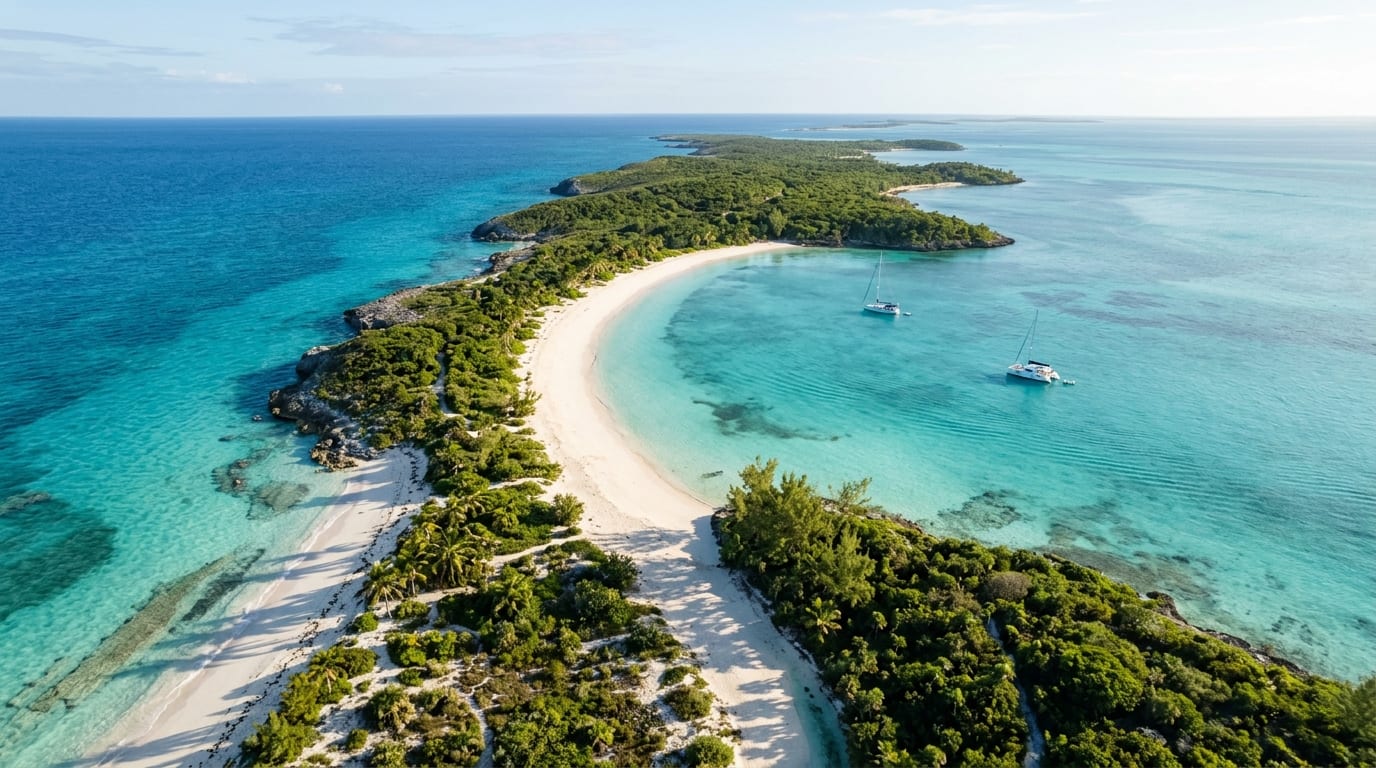 Aerial view of Manjack Cay showing turquoise shallows, white sand beach, and lush green vegetation along the Sea of Abaco