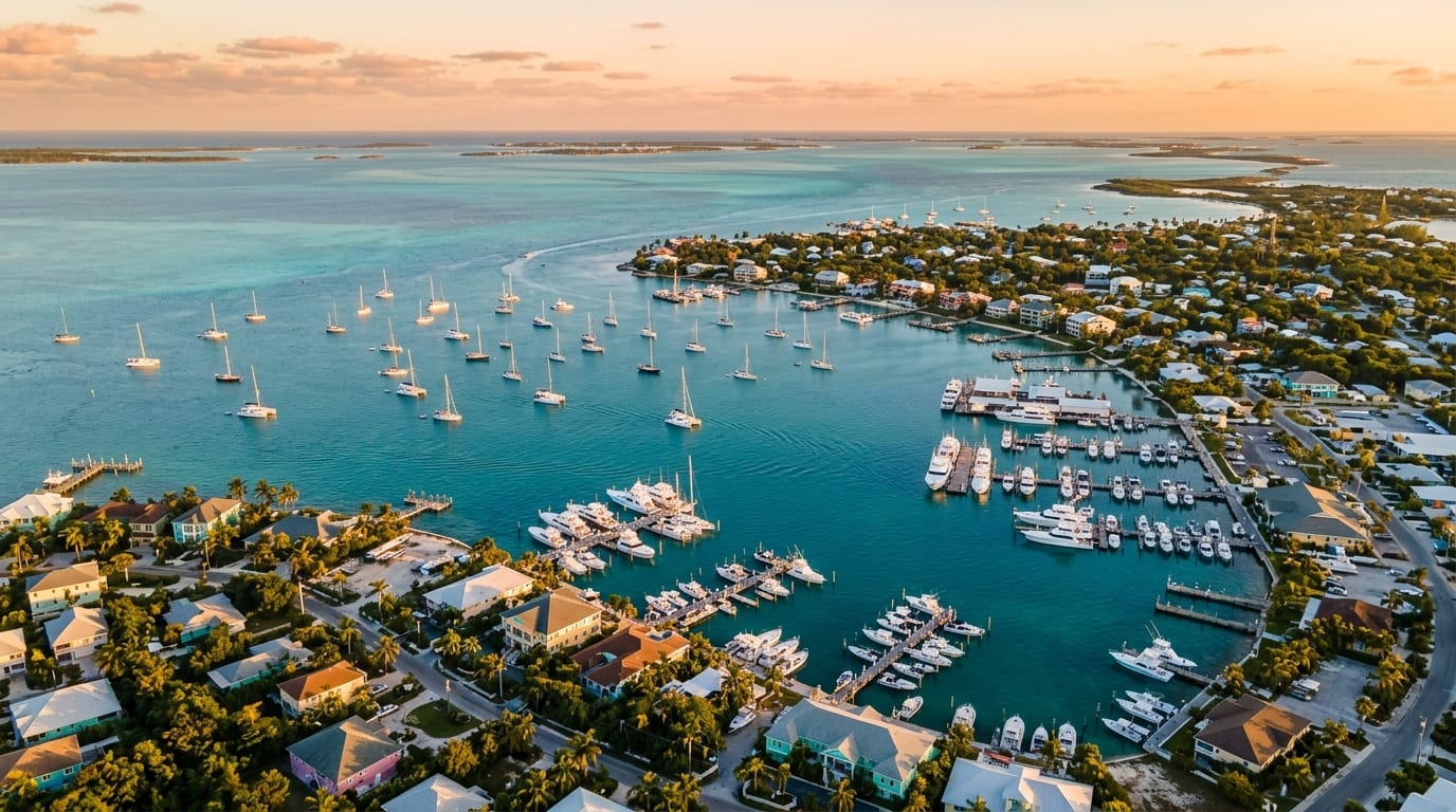 Aerial view of Marsh Harbour's protected harbor with sailboats at anchor and marinas lining the waterfront on Great Abaco Island