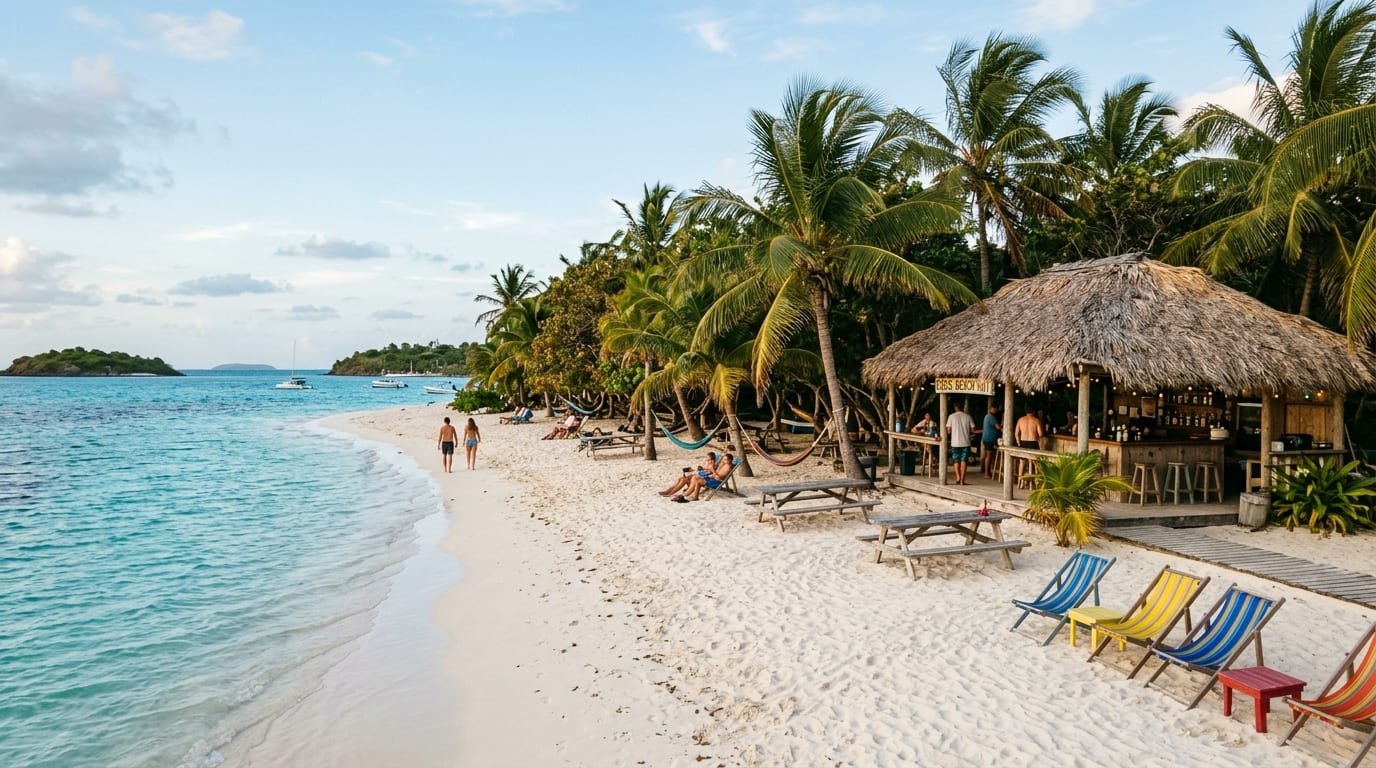 Calm turquoise water and white sand at Mather Town Beach with a beachfront restaurant visible among palm trees