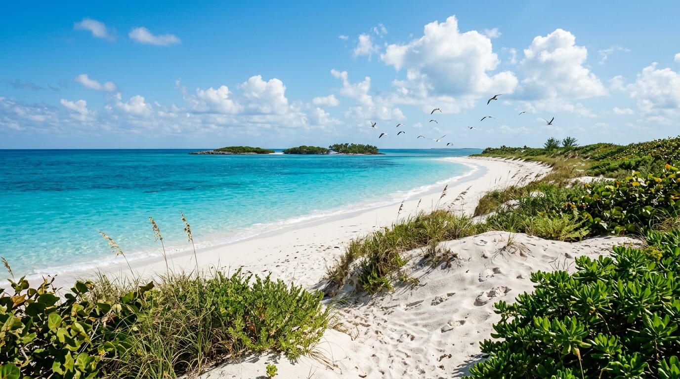 Pristine beach dunes and turquoise water at Moriah Harbour Cay National Park with mangroves visible in the distance