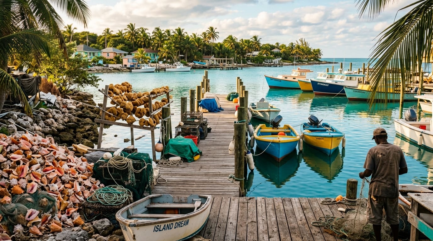 Waterfront scene in Moxey Town with pink conch shells piled beside a wooden dock and fishing boats moored in the harbor